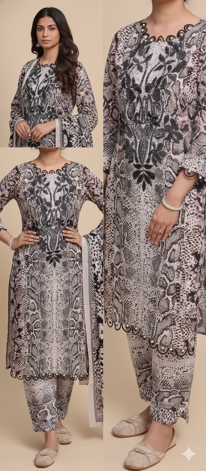 brown patch work pakistani digital peint kurti pant dupatta set