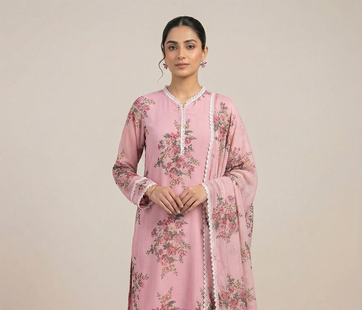 Pink Floral Georgette Farsi Salwar Dupatta Set