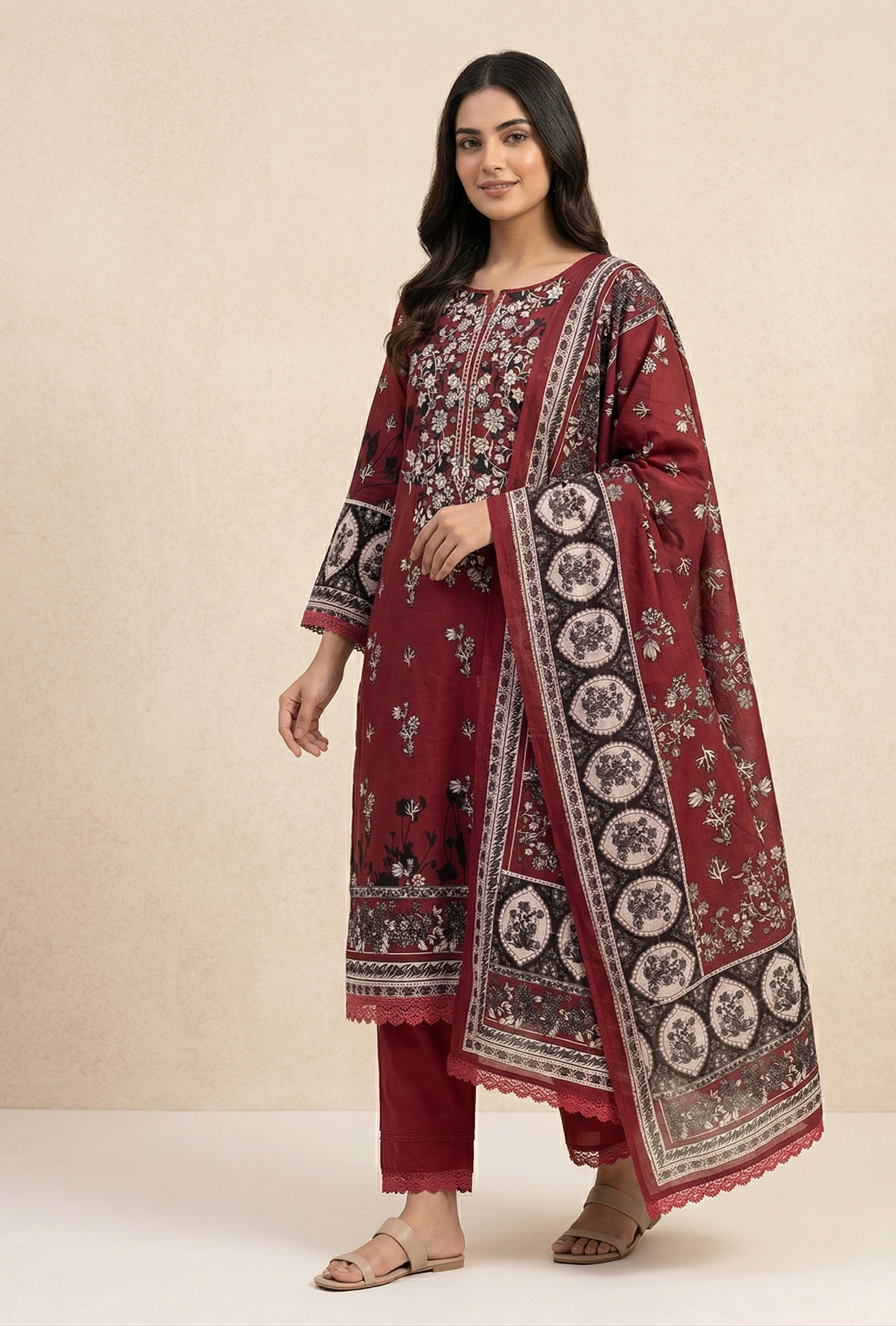 Maroon Cotton Printed lawn Suit Set