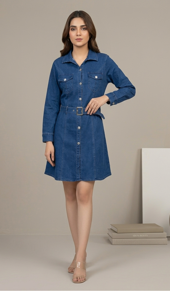 Blue Denim Shirt Dress for Women with Belt