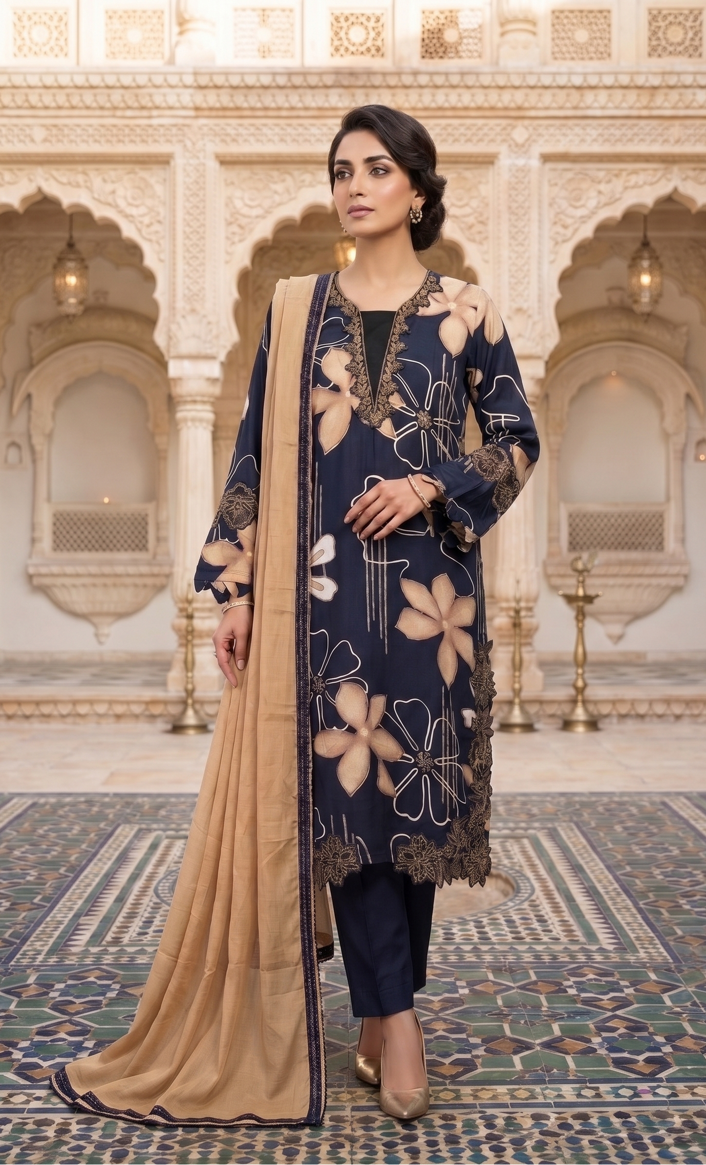 Floral Cutwork Suit Set – Navy Beige