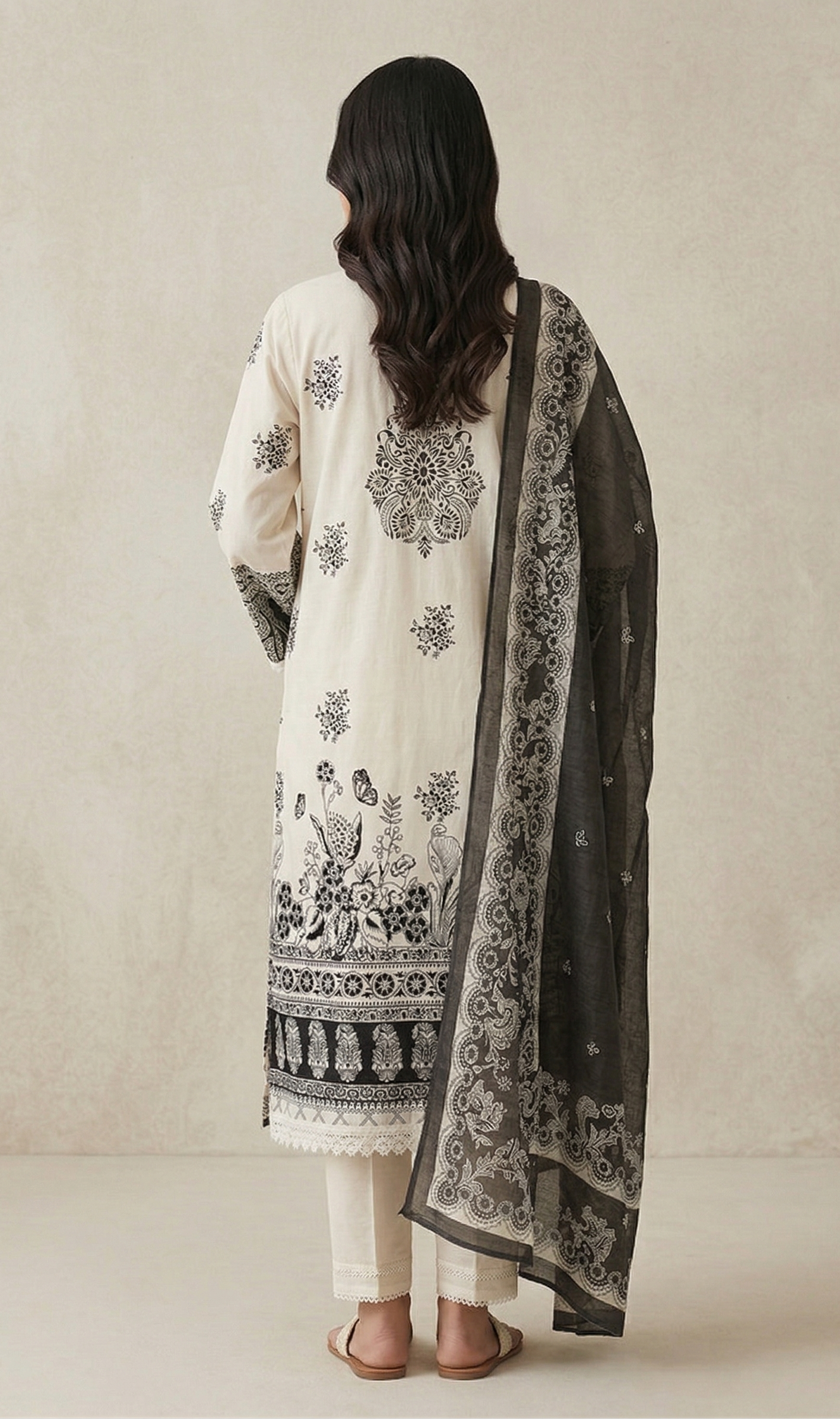 Black & White Cotton Printed lawn Suit Set