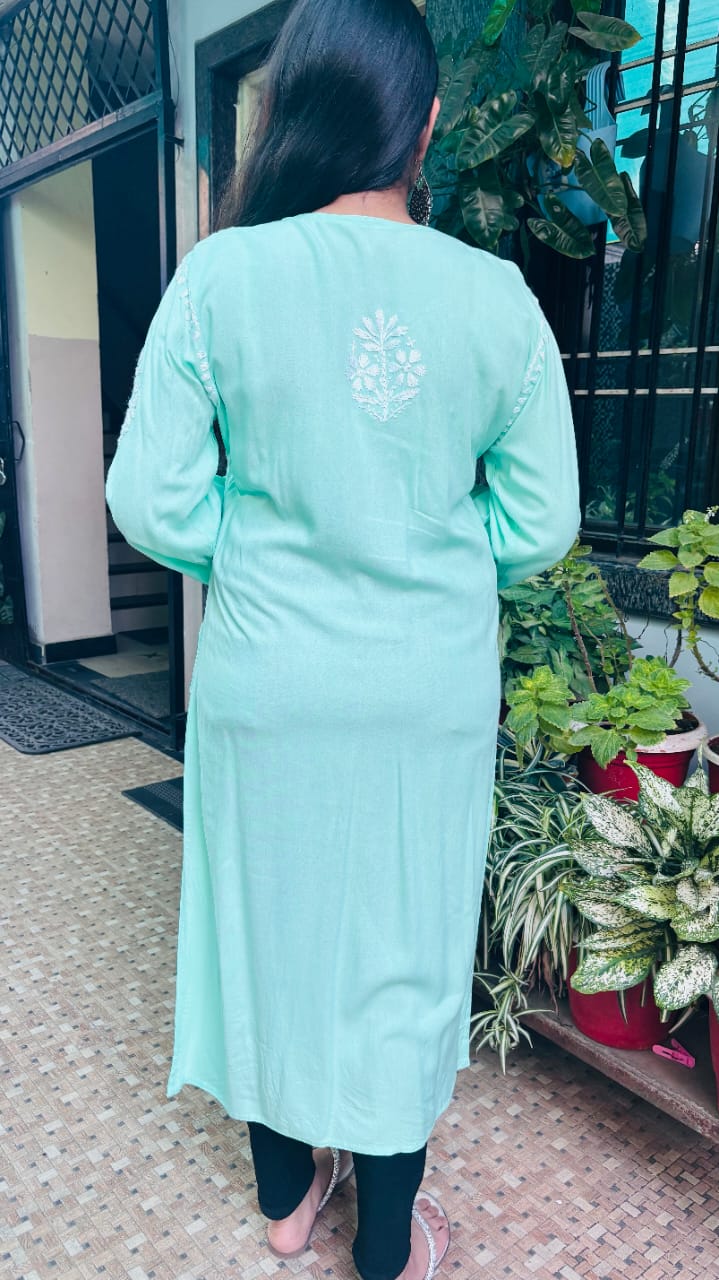 Noor-e- Pista Green rayon Chikan kari kurti,  embroidery.