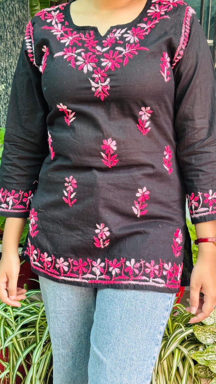 Black and pink embroidery Midnight Bloom Short top
