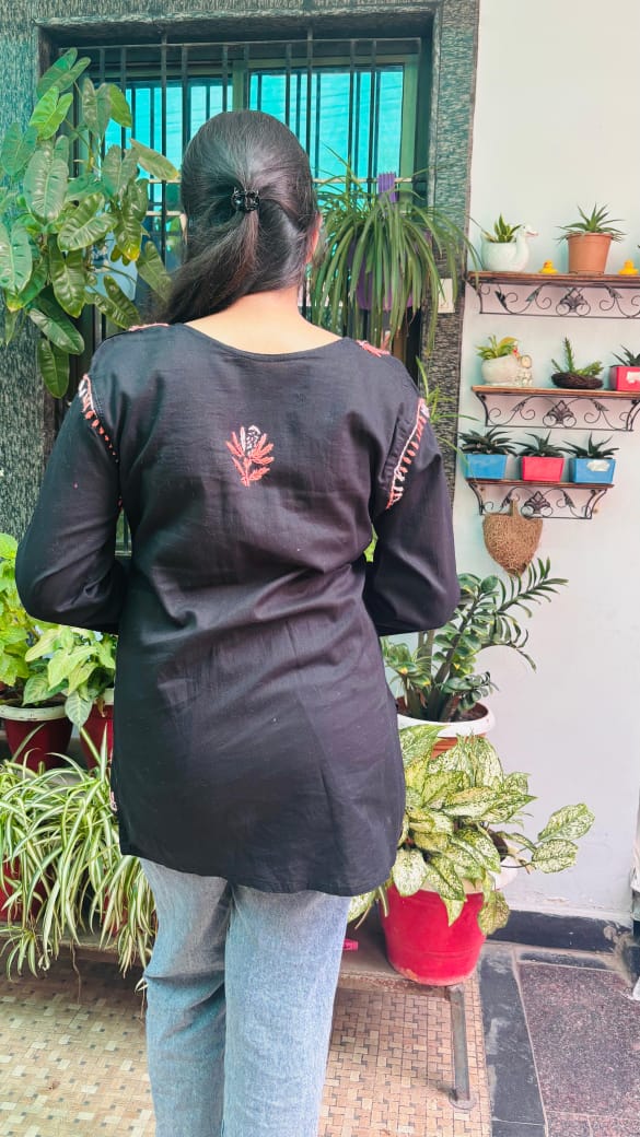 Black and pink embroidery Midnight Bloom Short top