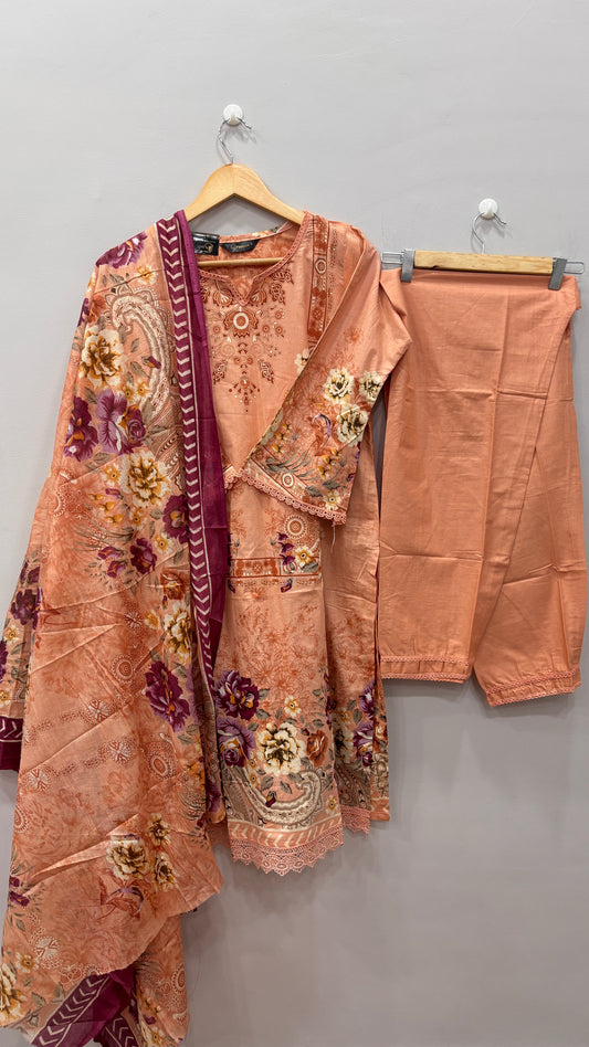 Lawn Suit Set – Peach & Plum