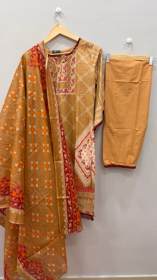 Lawn Suit Set-Beige Printed