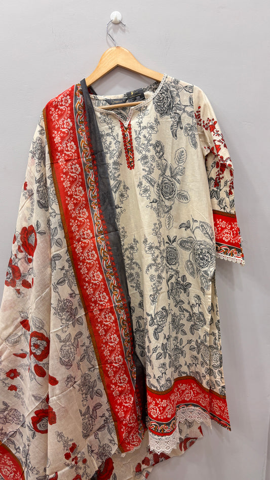 Lawn Suit Set – Cream Rust Floral