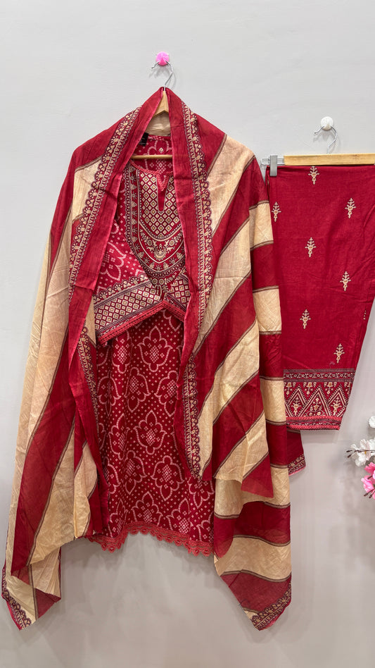 Red-allover-printed lawn kurta-set-dupatta