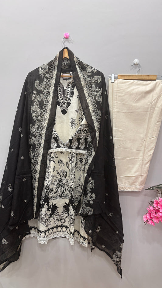 Black & White Cotton Printed lawn Suit Set