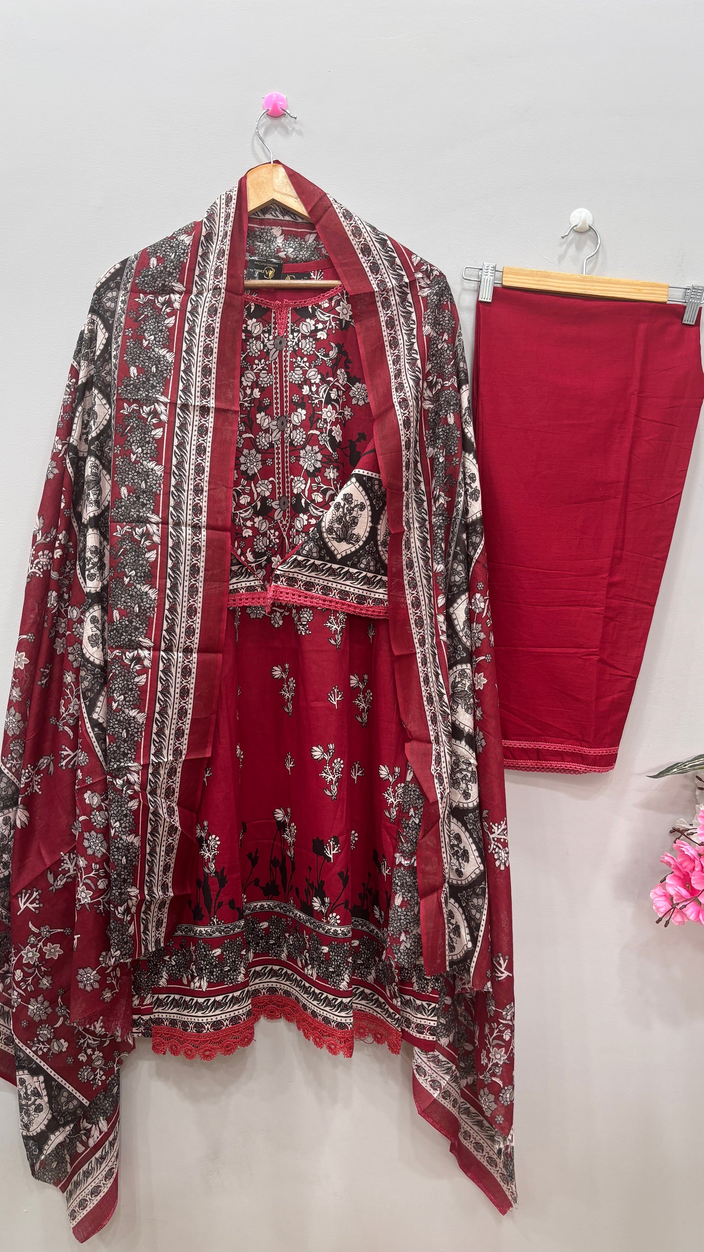Maroon Cotton Printed lawn Suit Set