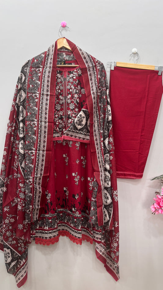 Maroon Cotton Printed lawn Suit Set
