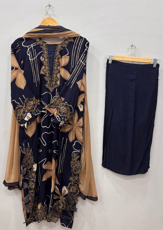 Floral Cutwork Suit Set – Navy Beige