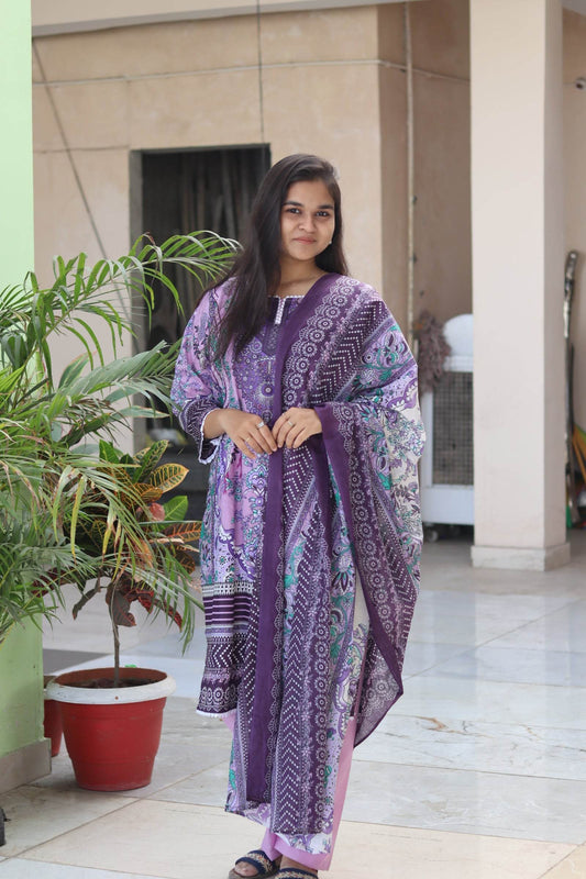 Lavender Digital Print Kurti pant dupatta Set - CandiRobes