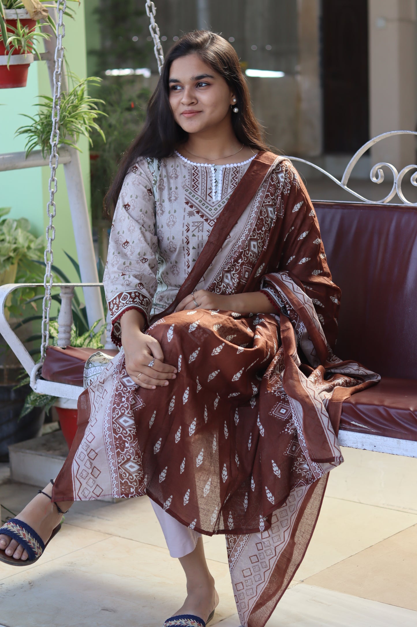 Coffee Digital Printed Cotton Kurti Pant Dupatta Set.