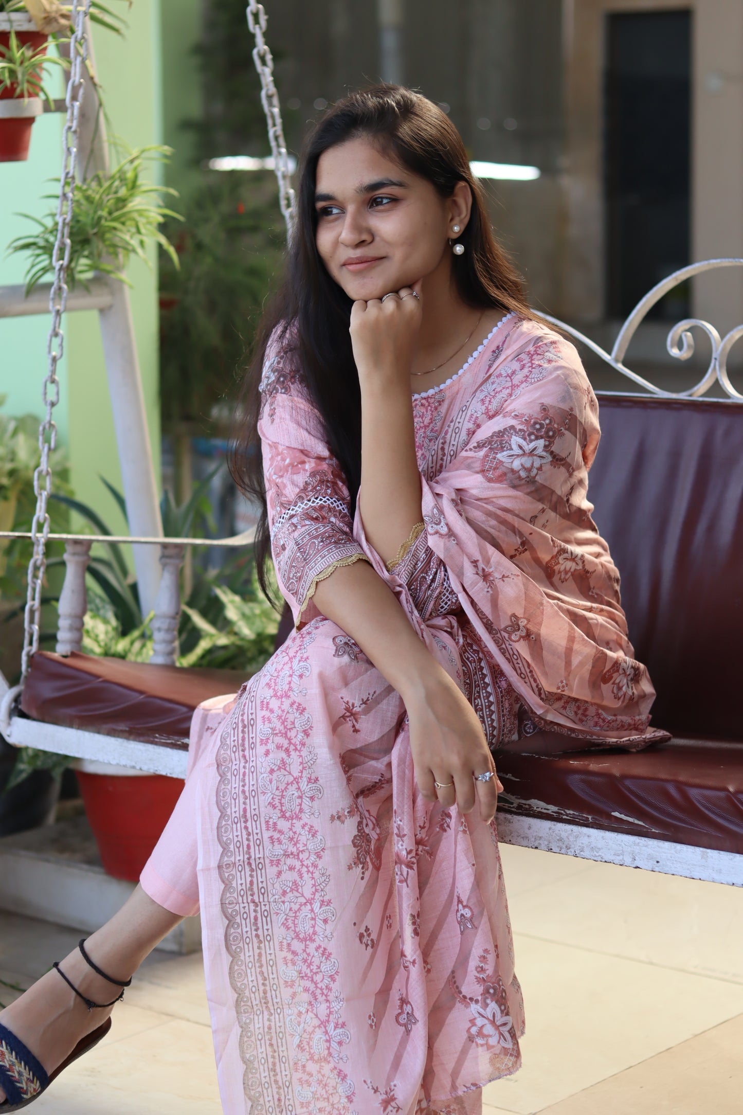 Cream  cotton kurti pant dupatta set