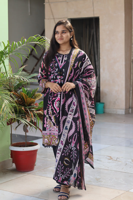 Black & Pink  Digital Print Kurti Pant Dupatta Set