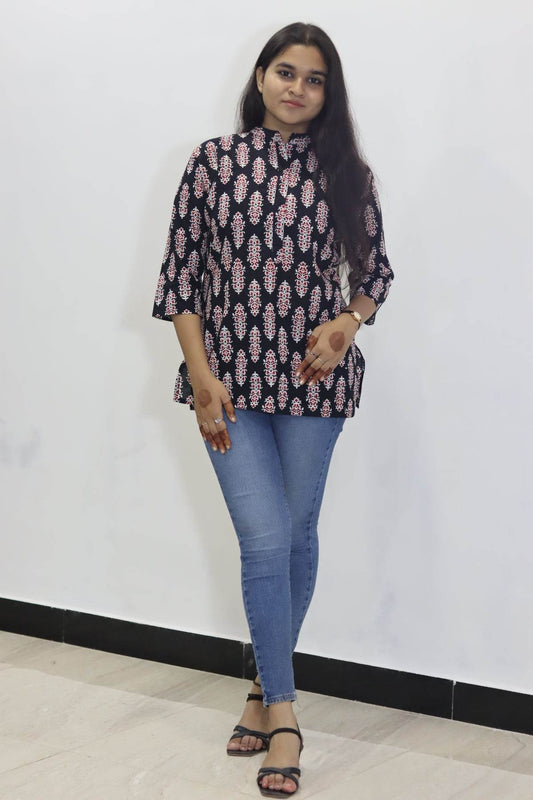 Black batik print pure cotton jaipuri top for women - CandiRobes