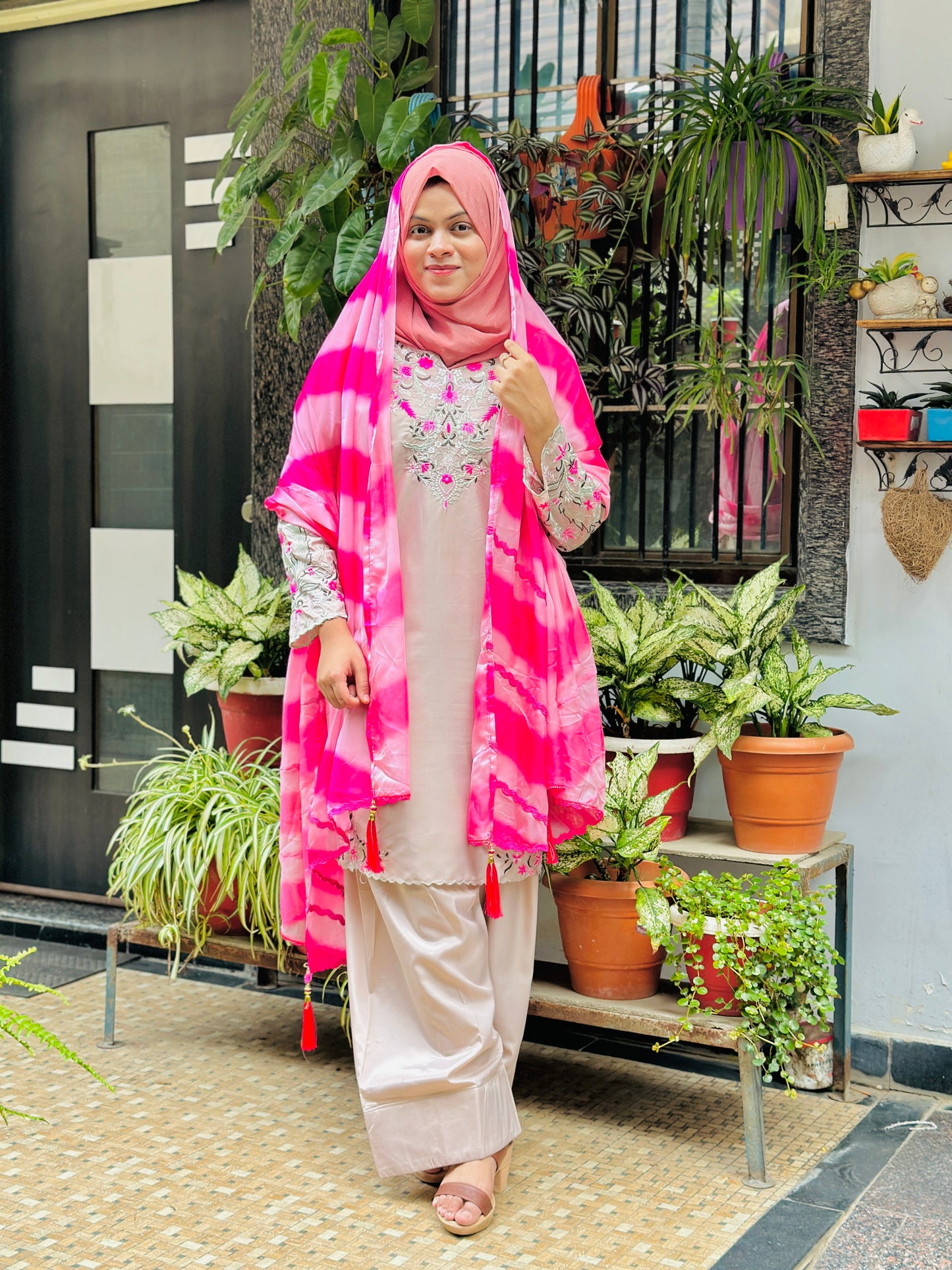 Soft Beige Embroidered Farsi Salwar & Pink Tie-Dye Dupatta set