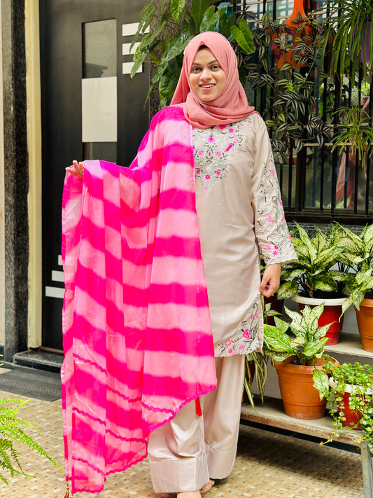 Soft Beige Embroidered Farsi Salwar & Pink Tie-Dye Dupatta set