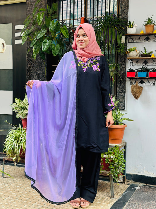 Black Embroidered Kurti with Farsi Salwar & Dupatta set