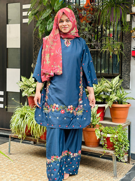 Navy Blue Floral Embroidered Farsi Salwar Suit