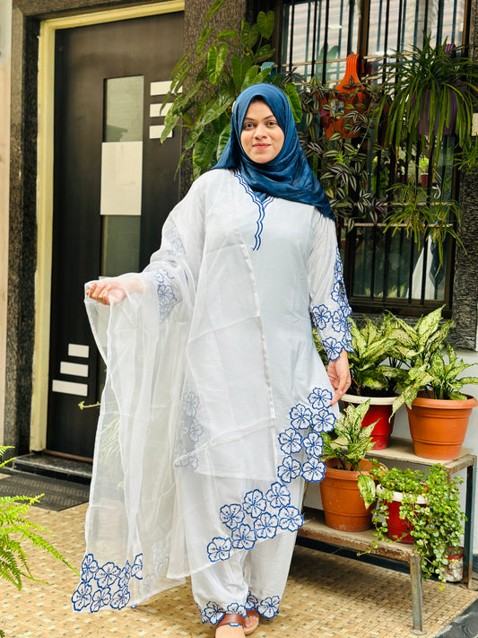 White & Blue Floral Embroidered  Farsi Salwar Suit