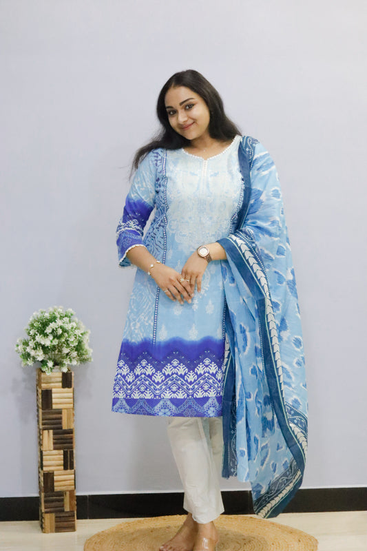 Sky blue Digital printed cotton kurti pant dupatta set