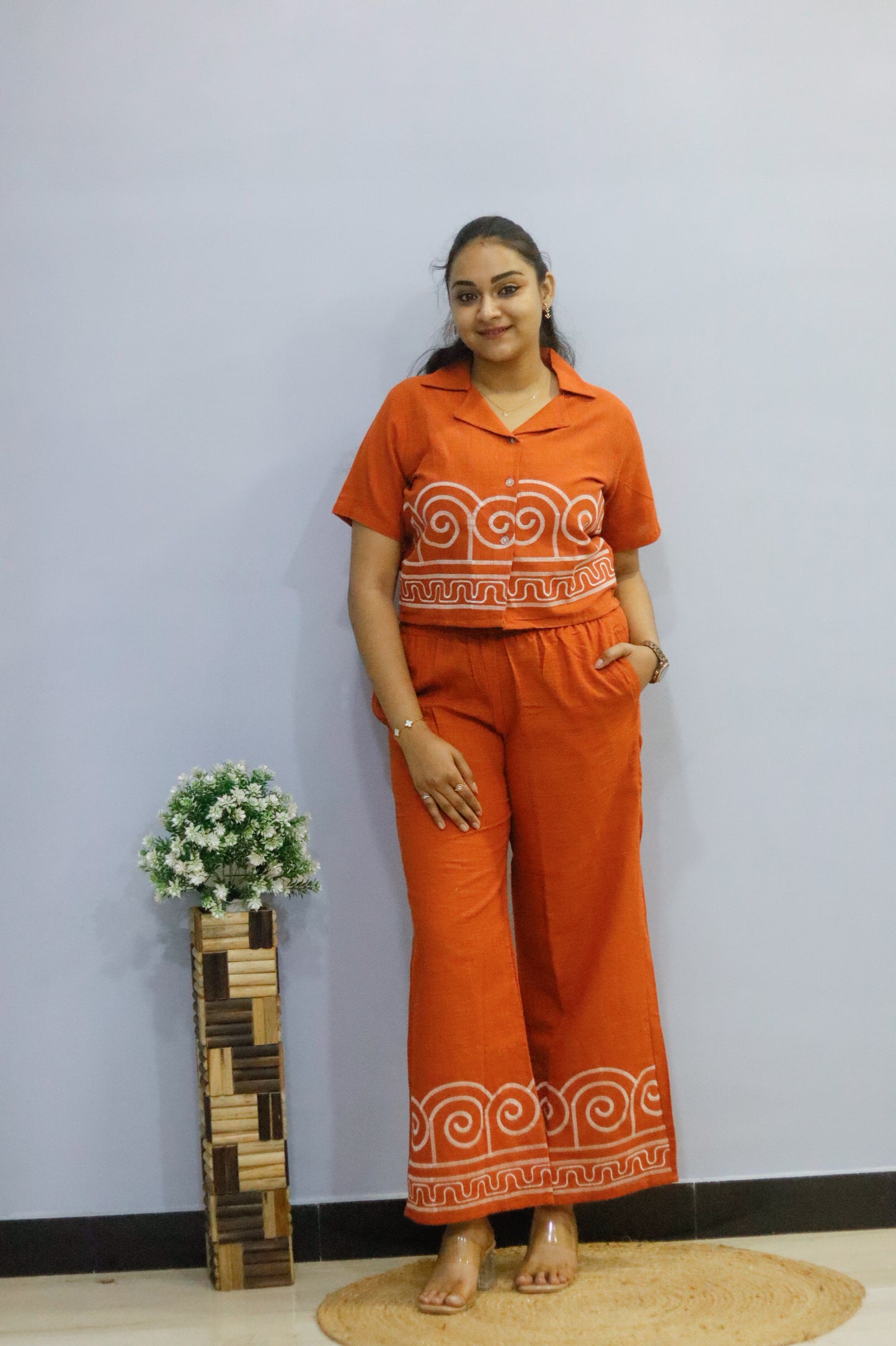 Orange pure cotton cord set with pocket for working women