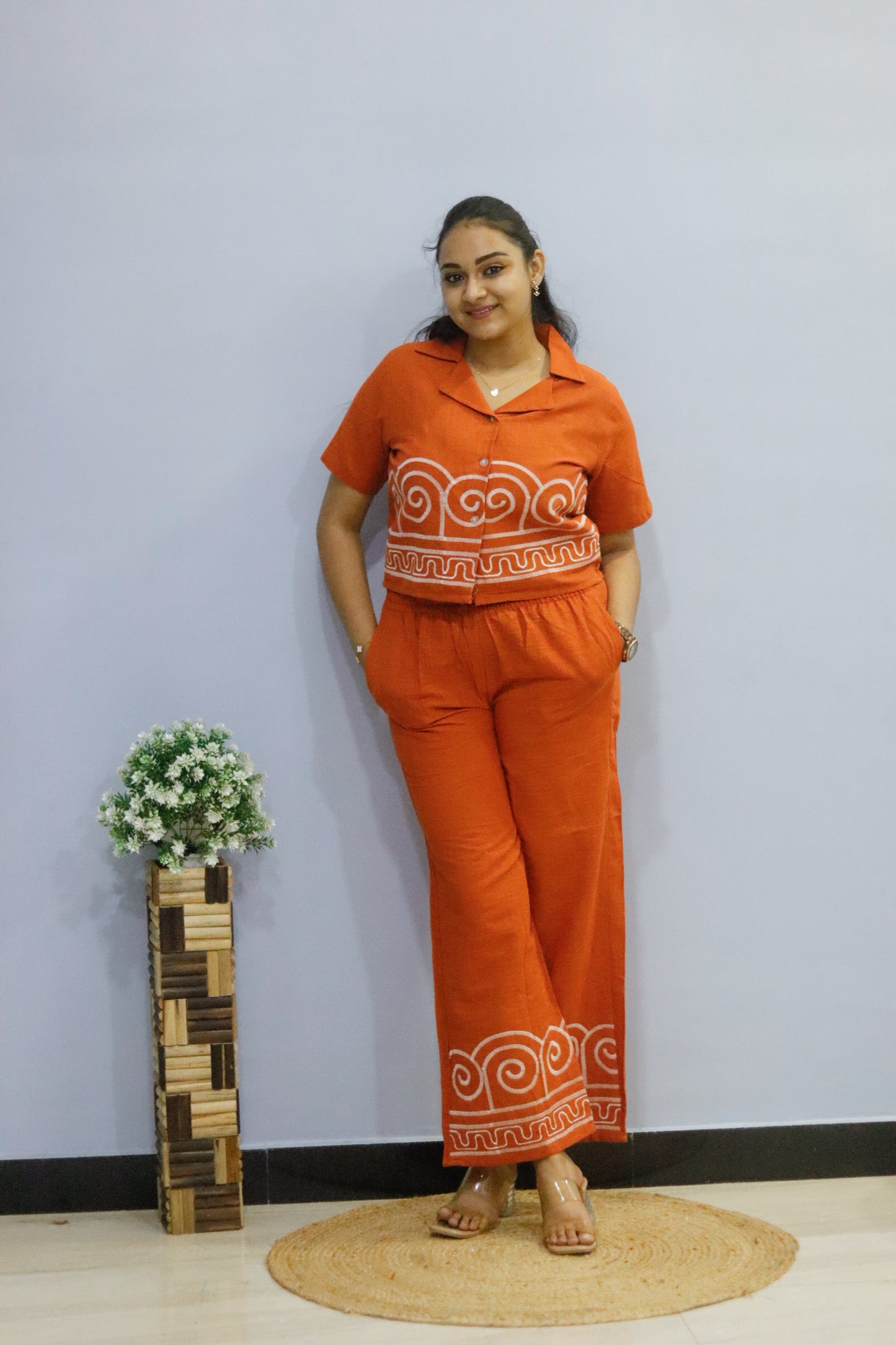 Orange pure cotton cord set with pocket for working women