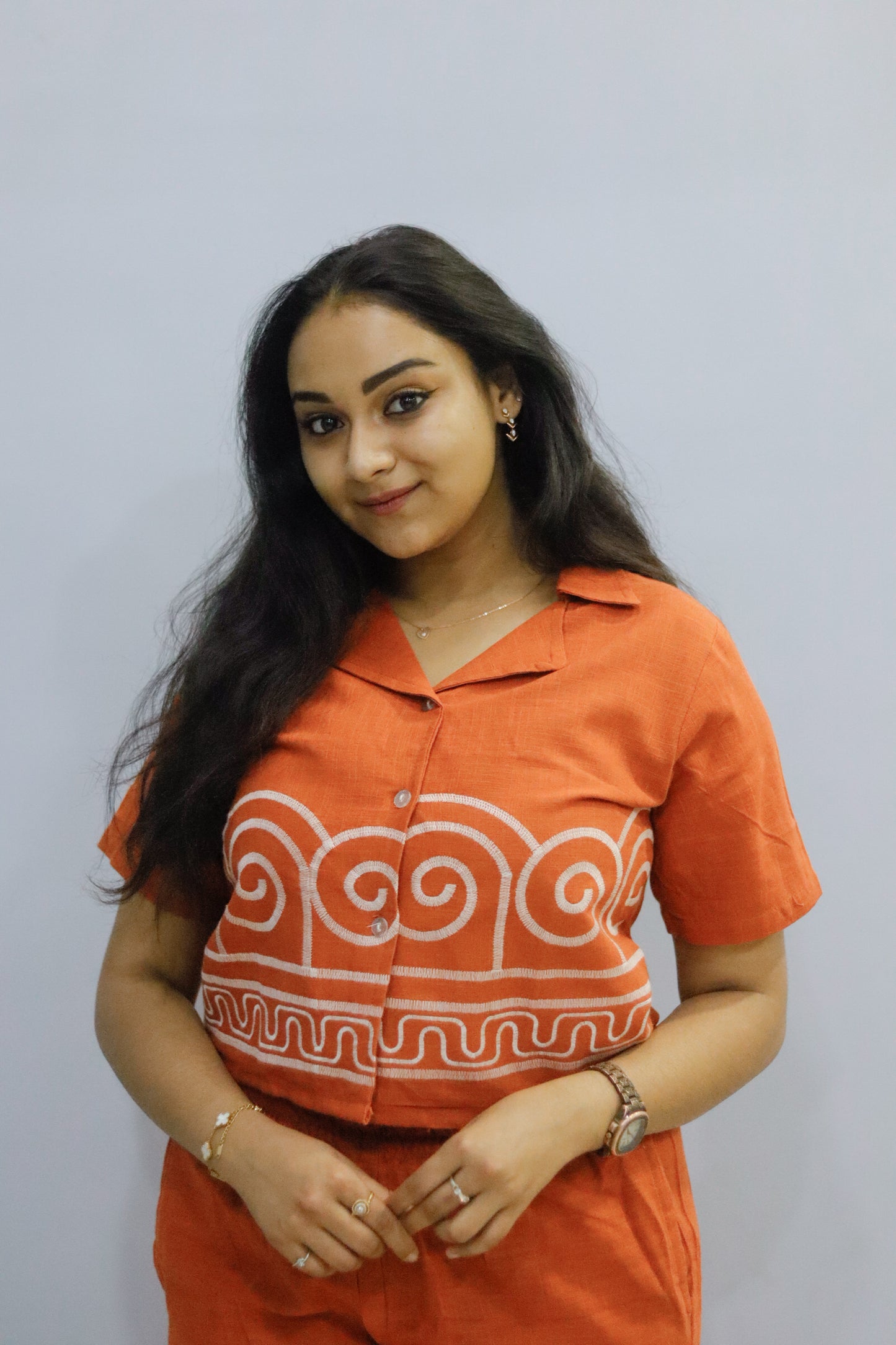 Orange pure cotton cord set with pocket for working women