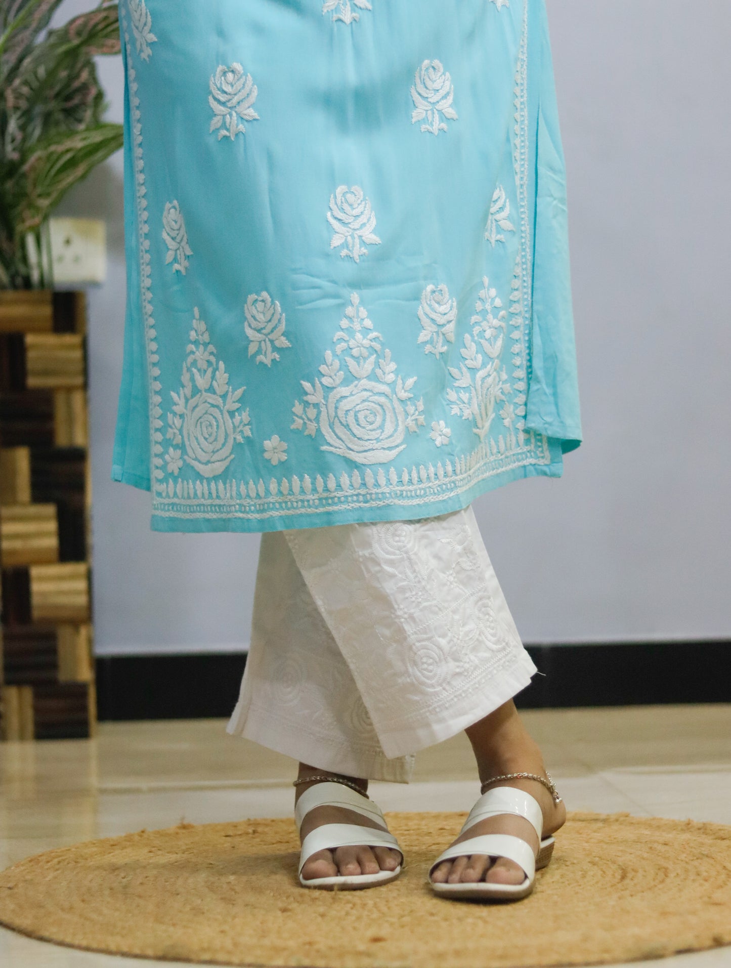 Sky Blue Rose desine  Embroidered Chikankari Kurti.