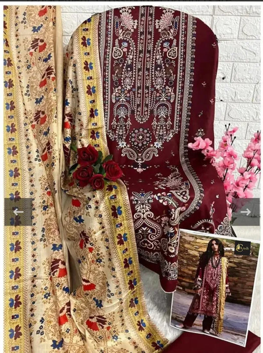 Maroon Digital printed Cotton Kurti pant Dupatta Set