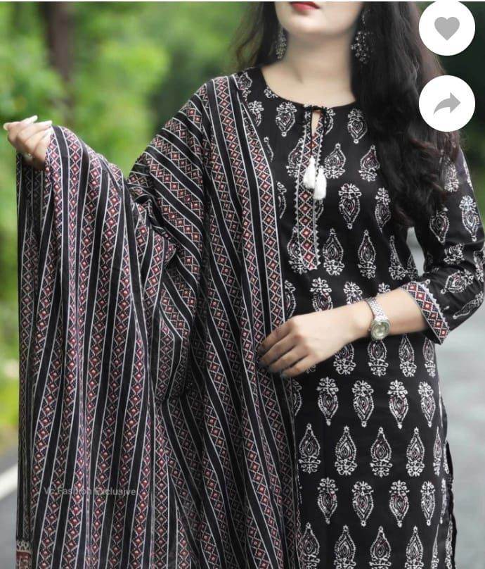 Black Rayon Cotton Regular Kurti Pant Dupatta Set - CandiRobes
