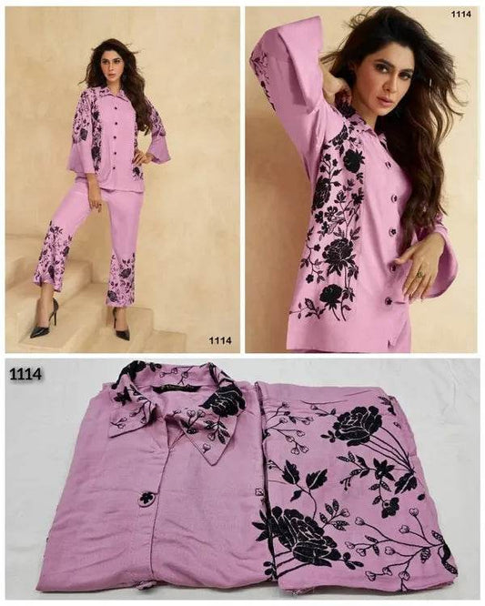 Pink black embroadried stylish cord set for women - CandiRobes
