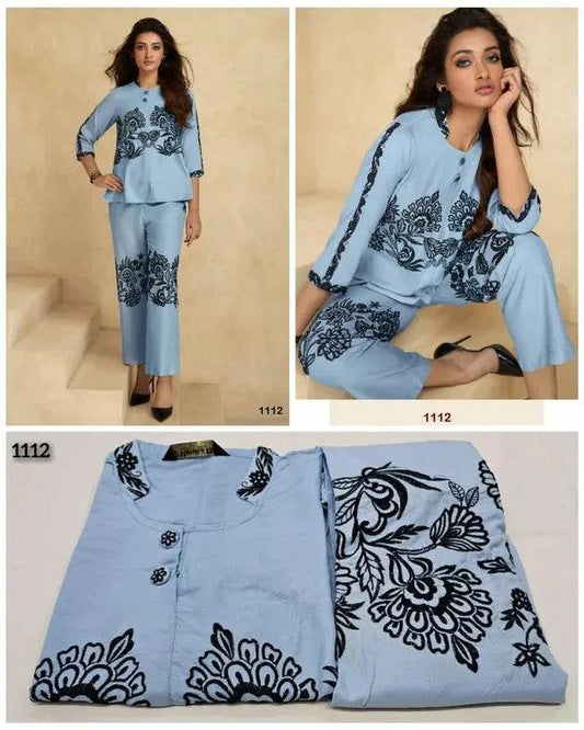 Sky blue black embroadried stylish cord set - CandiRobes