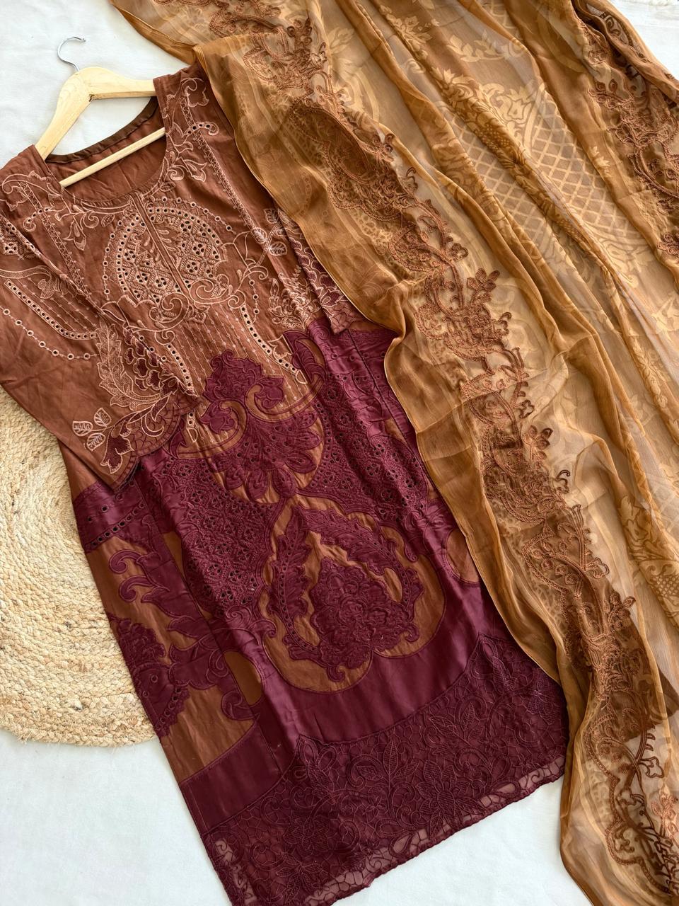 Coffee Brown-MARIAB Embroidered Cotton Suit Set