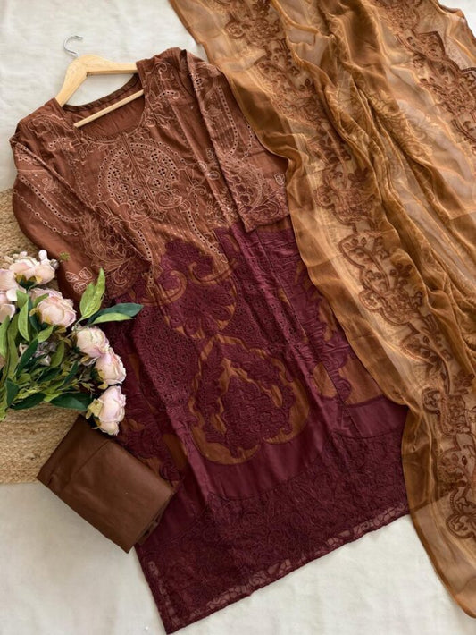 Coffee Brown-MARIAB Embroidered Cotton Suit Set