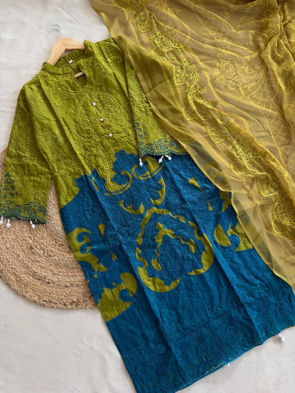 Lime Teal MARIAB Embroidered Cotton Suit Set