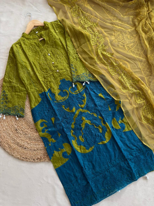 Lime Teal MARIAB Embroidered Cotton Suit Set