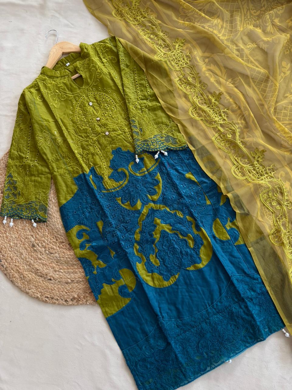 Lime Teal MARIAB Embroidered Cotton Suit Set