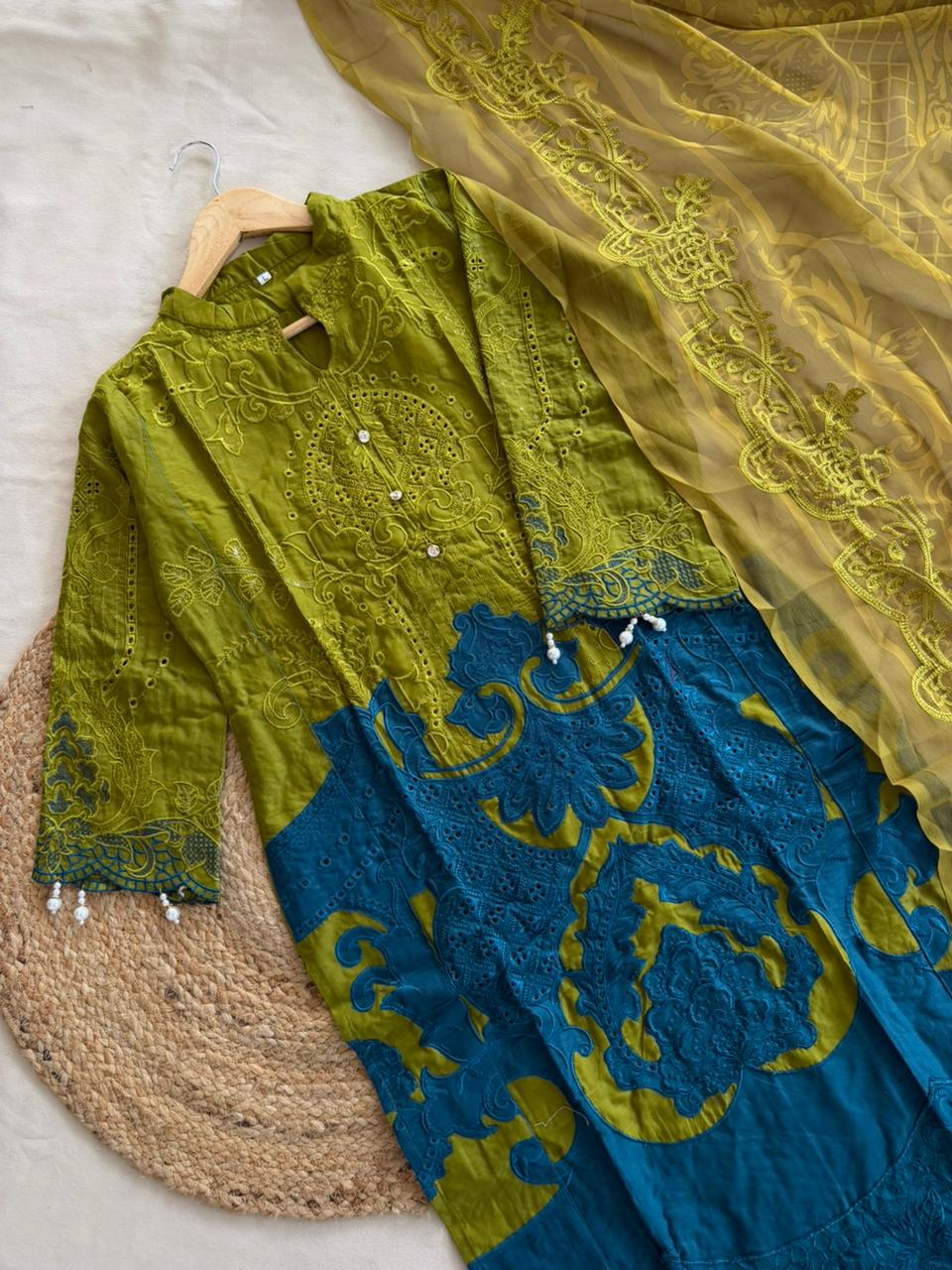 Lime Teal MARIAB Embroidered Cotton Suit Set