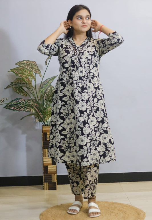 Black Floral  Cotton Kurti Pant , Cord  Set