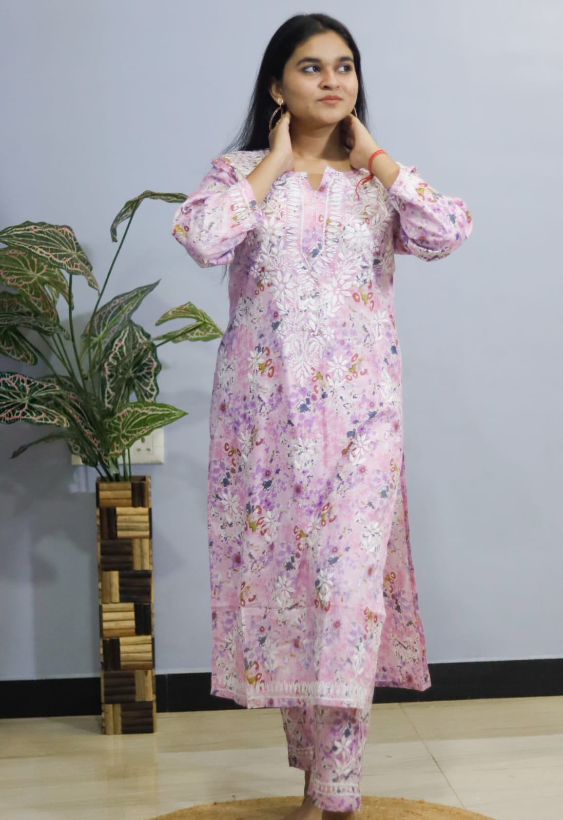 pastel pink  Mal Mal Cotton kurti-pant set Chikankari  floral print.