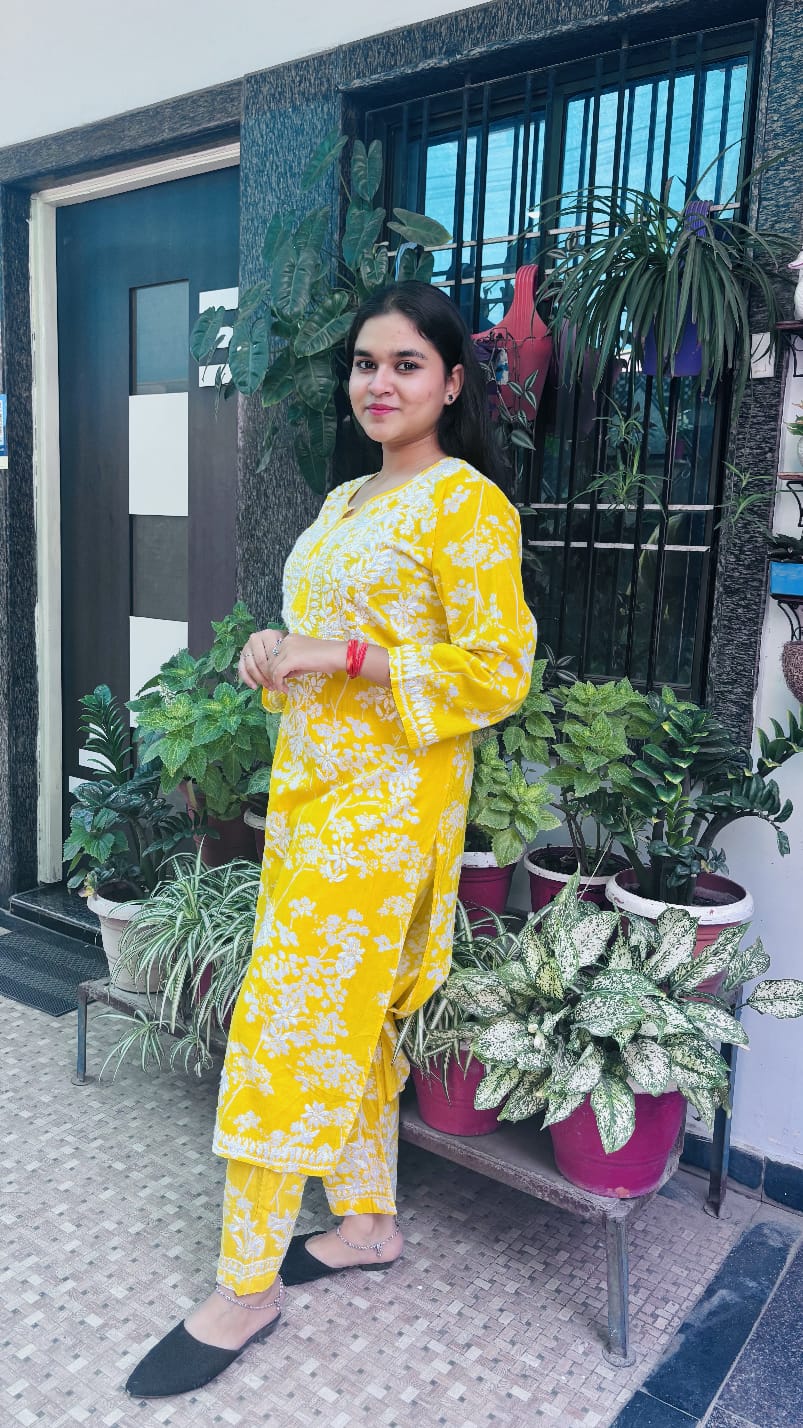 Mustard Yellow  Mal mal cotton kurti and pant set