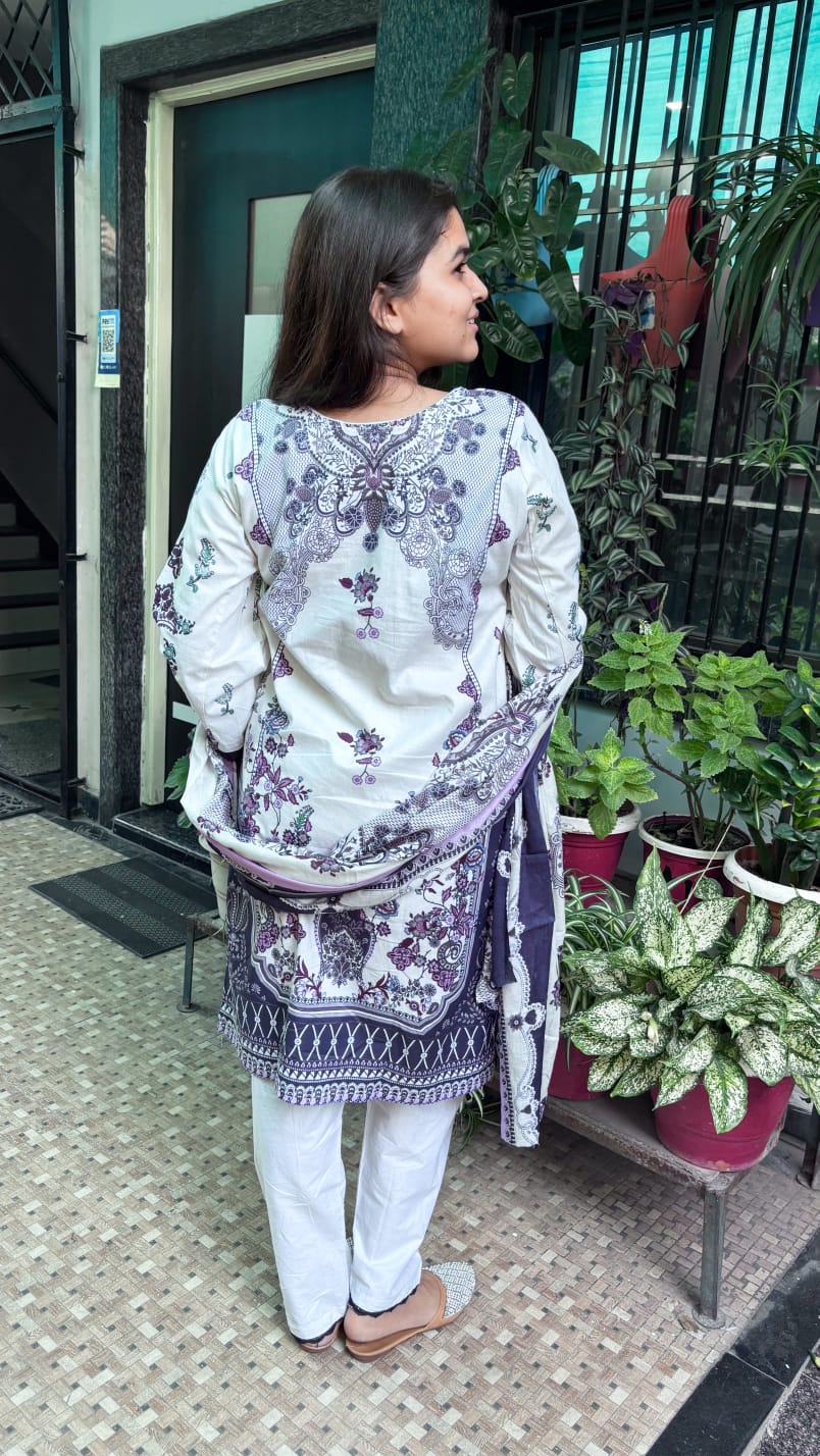 Soft Off-White Base & Deep Purple Floral  Digital printed cotton kurti pant dupatta set