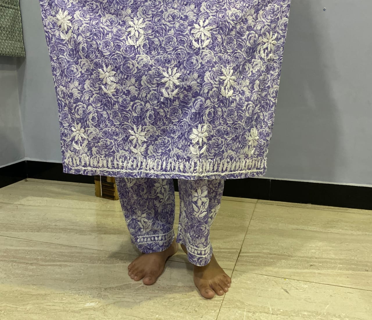 Blue Floral Print Mal Mal Cotton Chikankari Kurti With Pant  For Women