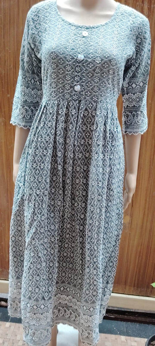 Grey Chikankari Frock Kurti - CandiRobes