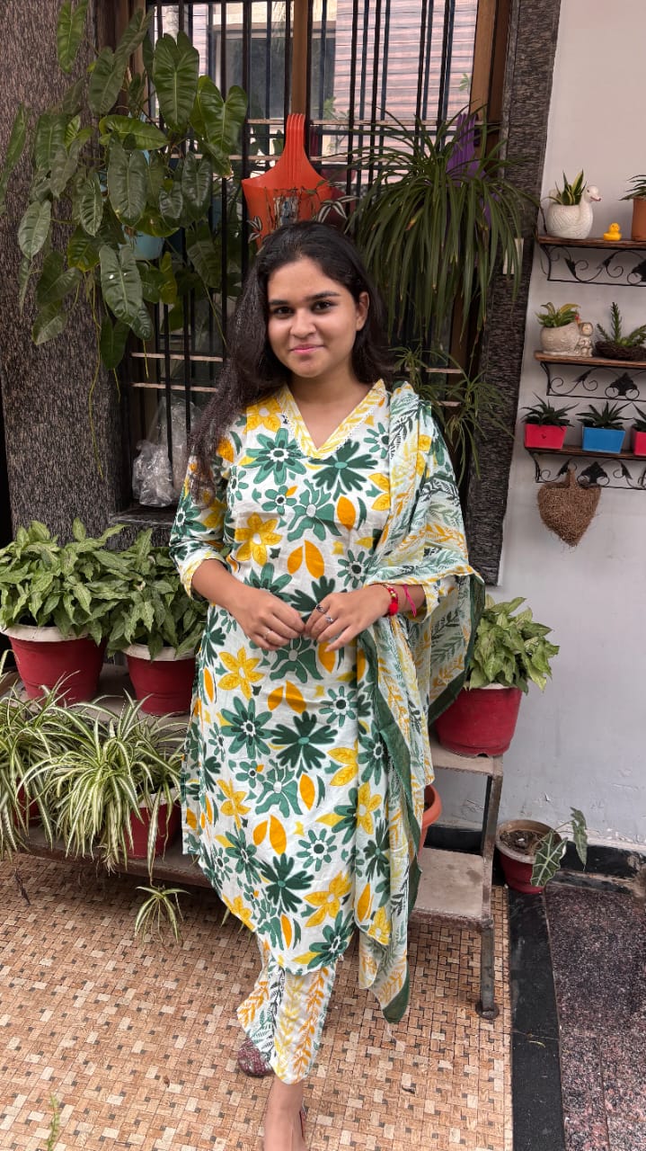 Yellow Floral Print cotton duptta set