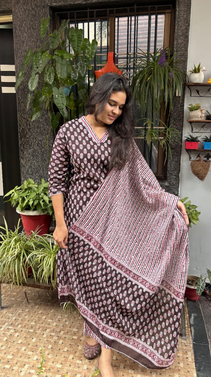 Chocolate Maroon Jaipuri Cotton Dupatta Set